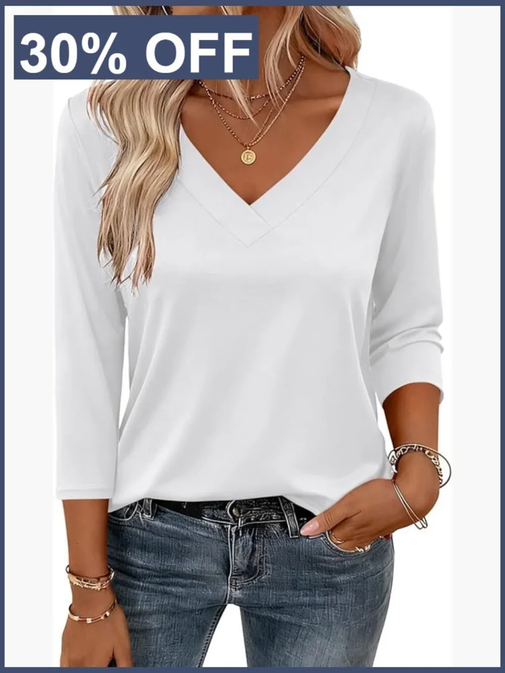 3/4 Sleeve V-Neck Blouse Dressy Casual T-Shirt Stretchy Petite Basic Tops